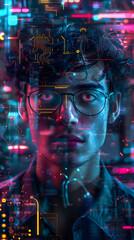 AI scientist with a background of glowing semiconductor diagrams