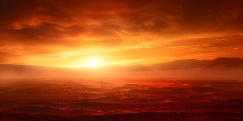 Majestic Mars Panoramic View of Olympus Mons at Sunset with Dust Storm on the Horizon. Concept Mars Exploration, Olympus Mons, Dust Storm, Panoramic View, Sunset