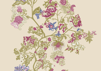 Fantasy, alien flowers, decorative flowers and leaves. Cartoon style. Millefleurs trendy floral design. Seamless pattern, background. Vector illustration.