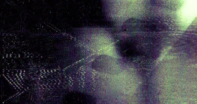 multicolor vhs glitch noise background realistic flickering, analog vintage TV signal with bad interference, static noise background