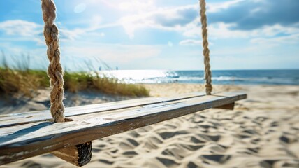 Obraz premium Wooden Plank Hanging at the End of a Linen Rope from a Beach Hut, Rustic Coastal Decor with Nautical Charm