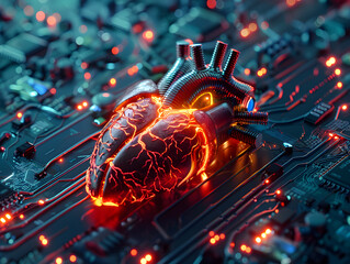 The heart a supercomputer, glowing with AI-driven semiconductor chips