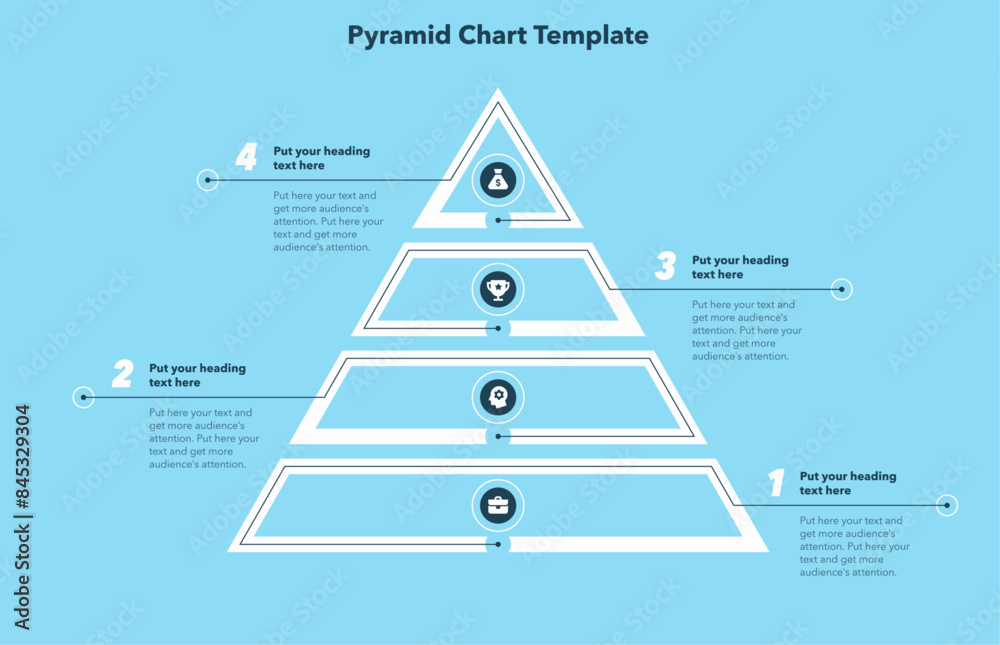 Aufkleber Triangle pyramid chart template with 4 sections - blue version. Infographic diagram divided into four parts with numbers and icons.