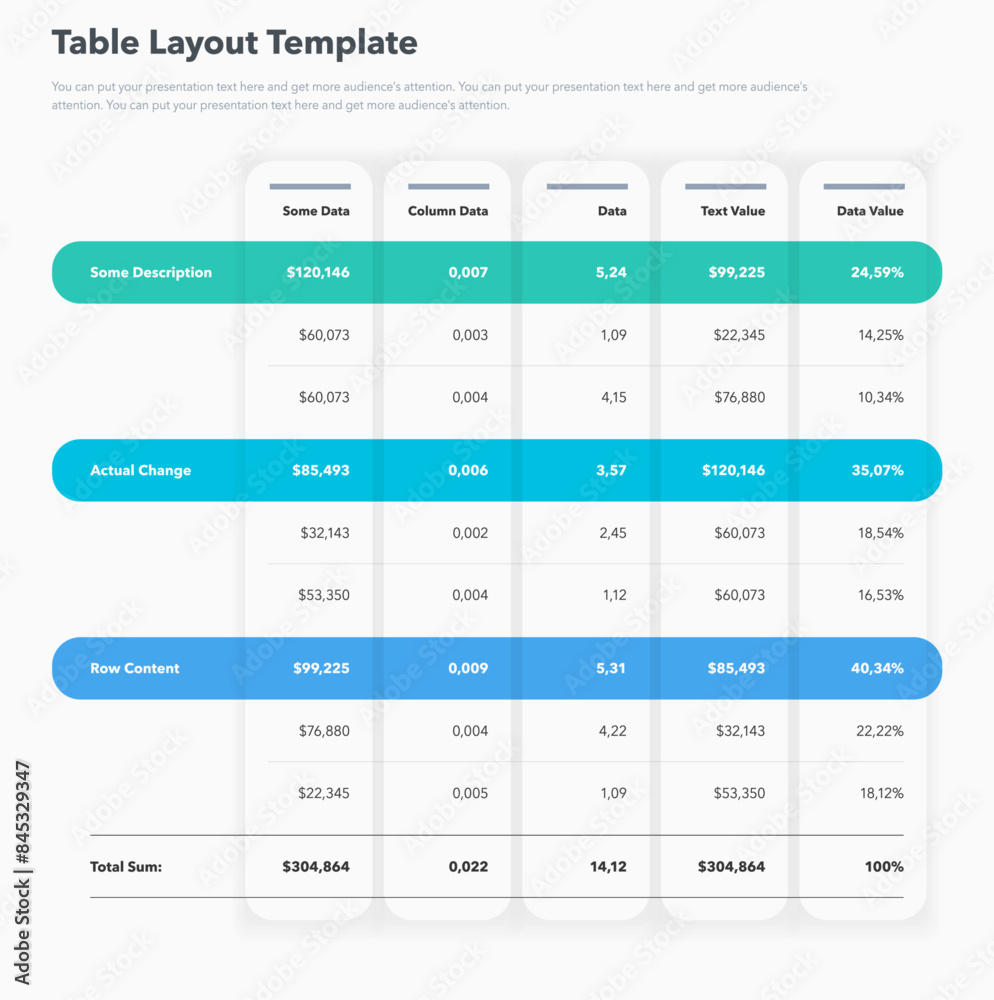 Poster Table layout template with three options and a total sum row. Simple flat template for project data visualization.