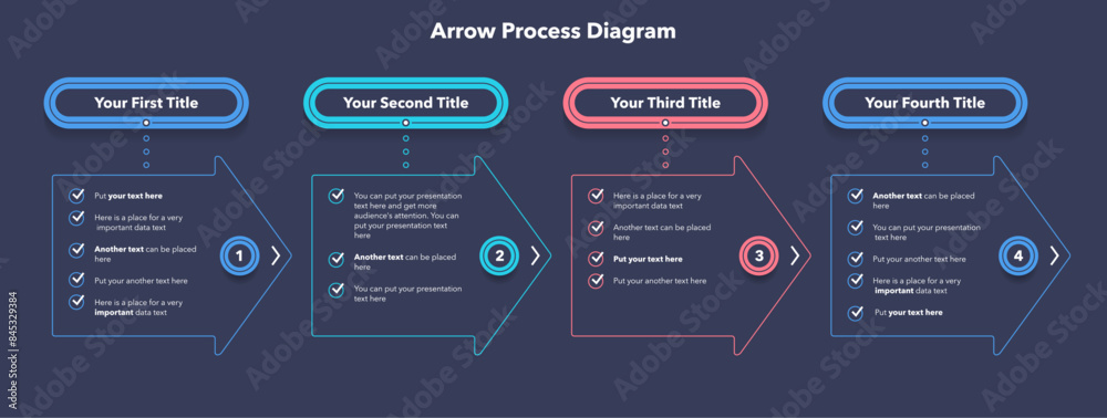 Poster Arrow process diagram with four stages - dark version. SImple infographic design for workflow layout, diagram, banner, web design.