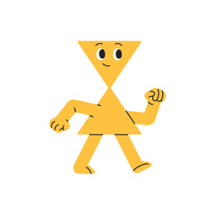 Funny hourglass shape walks. Childish sandglass figure strolls. Cute geometric character of triangles goes. Happy emotions, facial expression. Flat isolated vector illustration on white background
