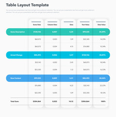 Table layout template with three options and a total sum row. Simple flat template for project data visualization.