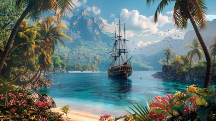 Historic Pirate Ship Anchored Near a Tropical Island with Lush Greenery and Rocky Shoreline, Under a Cloudy Sky
