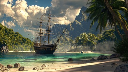 Historic Pirate Ship Anchored Near a Tropical Island with Lush Greenery and Rocky Shoreline, Under a Cloudy Sky
