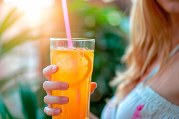 Fototapeta premium woman hand holding a glass of a cold orange cocktail or lemonade , Summer refreshment in a sunny glass.