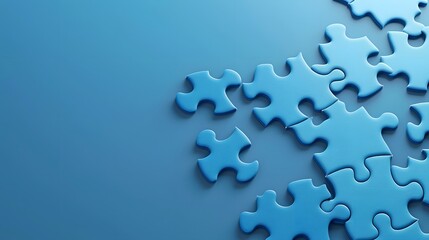 Jigsaw puzzle on blue background, representing business success and strategy, with ample text room.