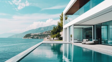 Fototapeta premium A Modern Swimming Pool Villa Overlooking The Ocean.