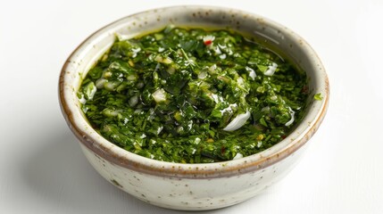 Chimichurri sauce in a white bowl, rich green with specks of garlic, top view, isolated on a clean white background, perfect studio lighting