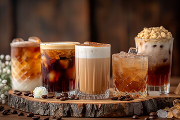 A rustic wooden table holds a selection of various iced coffee beverages, beautifully presented with different layers and toppings, ideal for a gourmet coffee shop. Copy space