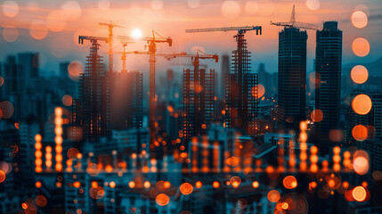 Analyzing stock market data related to the construction industry and property development, with a backdrop of a construction site indicating business growth