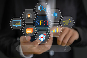 uman with Search engine optimization SEO networking concept, Searching browsing Internet data...