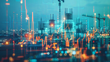 Analyzing stock market data related to the construction industry and property development, with a backdrop of a construction site indicating business growth