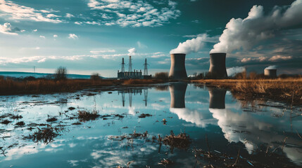 Fototapeta premium Cooling towers of nuclear power plant with reflection in the water.