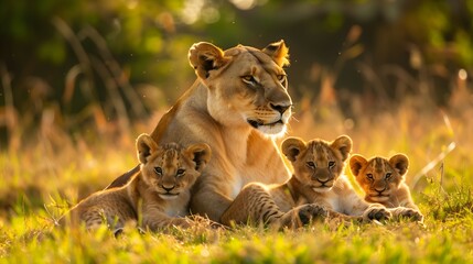 Fototapeta premium Lioness and Cubs in Golden Sunlight