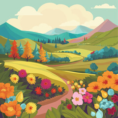 A rural landscape background of fields, farm land and trees. Flowers in the foreground and a path winding into the distant rolling hills towards the mountains.