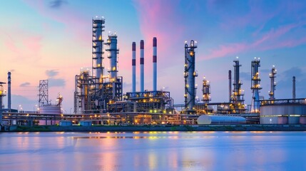 Obraz premium Industrial and Manufacturing Engineers and technicians working in industry refinery or power plant with blurred lights and structures in the background