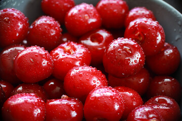 tasty juicy cherries in water droplets	