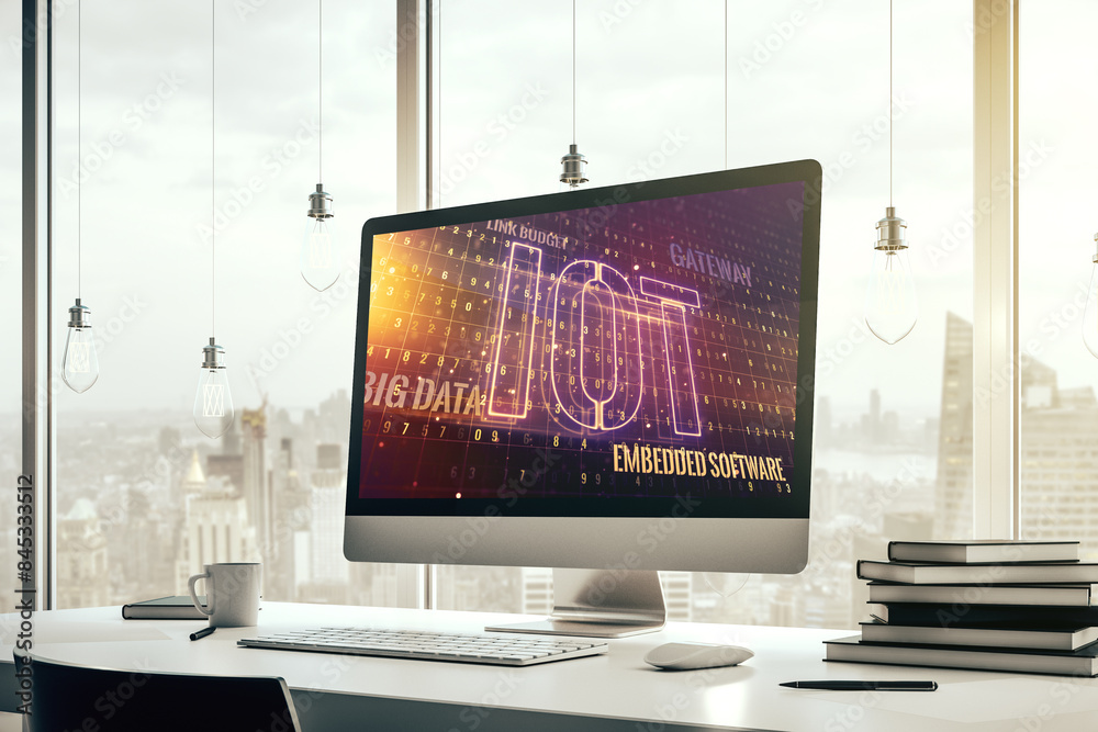 Poster creative iot hologram on modern laptop monitor, internet of things concept. 3d rendering