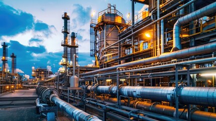 Fototapeta premium Industrial and Manufacturing Engineers and technicians working in industry refinery or power plant with blurred lights and structures in the background
