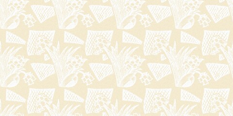 Modern white on cream lace effect wedding border texture. Soft tonal linen openwork block print with subtle hand drawn lattice damask printed fabric banner edge trim. 