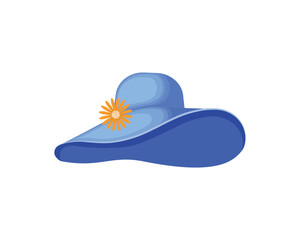 Hat. A large women s hat with a brim. A blue lady s hat with a flower. Vector illustration isolated on a white background.