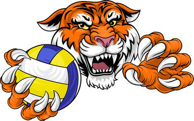 A tiger volleyball animal sports mascot holding a volley ball in his claw