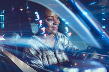 Happy Women Driving a Car double exposure Futuristic Lighting Effect. Enjoy Travel Move Forward...