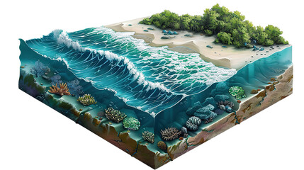 Isometric blue ocean with waves, surfing background. deep sea view with ocean surface and under water view.	