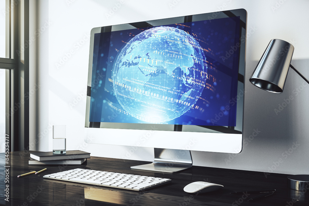 Leinwandbilder modern computer screen with abstract graphic coding sketch and world map, big data and networking co