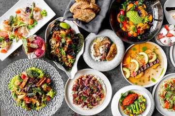 Assortment of vibrant, gourmet dishes showcasing culinary artistry, suitable for stock photography