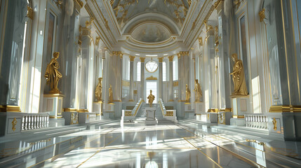 Luxurious Grand Hall with Gold Statues and Columns. Opulent grand hall featuring gold statues, ornate columns, and large windows, showcasing luxurious and classical architectural design.