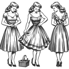 three women wearing 1950s style dresses, showcasing classic vintage fashion and elegance sketch engraving generative ai raster illustration. Scratch board imitation. Black and white image.