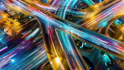 Aerial view of Road Traffic jam on multiple lane highway with speed light trail from car background, night scene