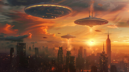 UFO hovering over modern city buildings in the light of the setting sun. Their presence above the city skyline bathed in warm colors adds mystery and anxiety.