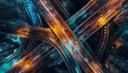 Aerial view of Road Traffic jam on multiple lane highway with speed light trail from car background, night scene