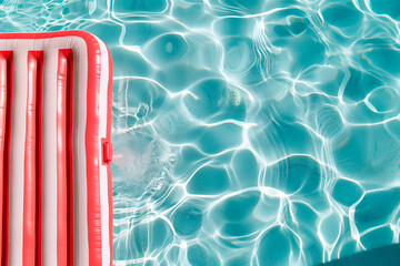 Swimming pool. Top view. Red and white inflatable mattress. Copy space