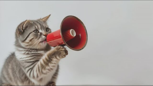 Cute gray tabby kitten holding a red megaphone in its paws, making an announcement, isolated on white background. Perfect for advertisements, pet-related content, and social media posts