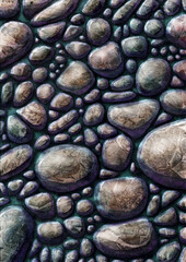 Hand-drawn watercolor rounded textured stones lying in clear water