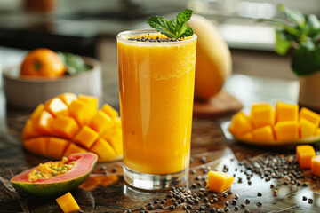 Refreshing tropical mango smoothie with mint garnish on a wooden table surrounded by fresh mango and passion fruit.