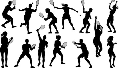 A set of tennis player man and woman silhouette sports people design elements