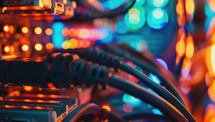 Internet cables and wires in server room with switch. Network background.