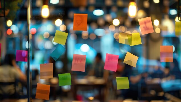 A glass wall is covered in sticky notes with various notes and reminders written on them.