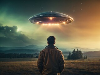 Back view of man looking at alien invasion UFO flying in sky