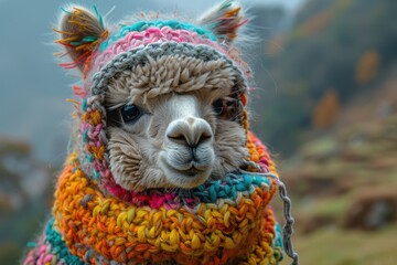 A baby alpaca wearing a colorful knitted sweater, standing in a hilly pasture. The alpaca has a gentle and calm expression 