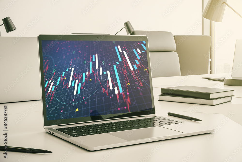Poster Modern computer screen with abstract creative financial chart, research and analytics concept. 3D Rendering